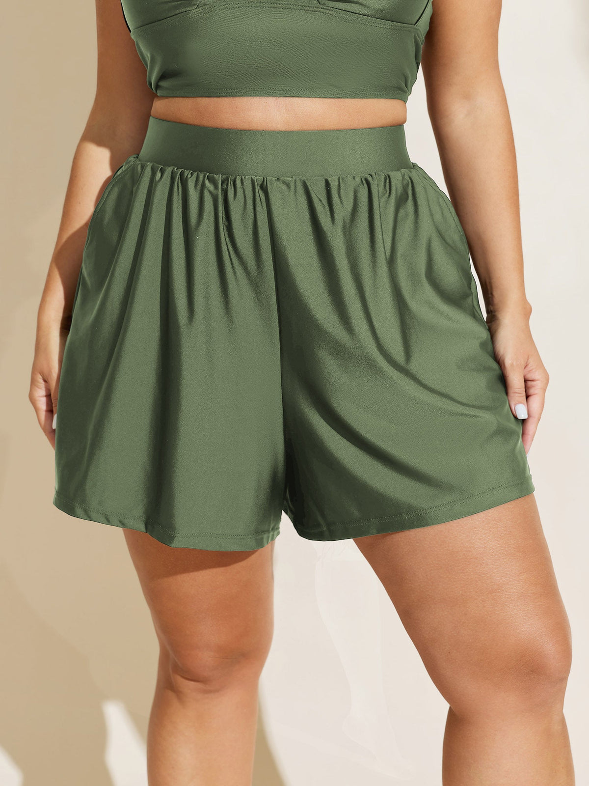 High Waisted Pockets Solid Pleated Swim Shorts
