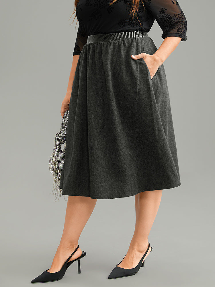Solid PU Patchwork Pocket Elastic Waist Skirt