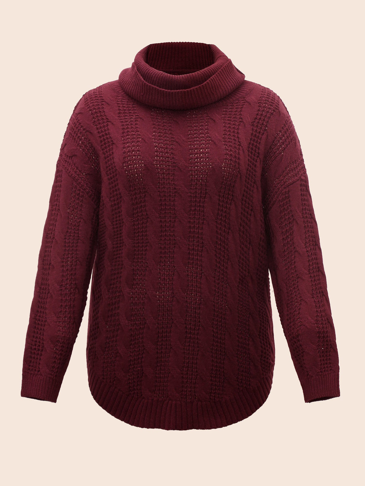 Turtleneck Cable Knit Curved Hem Pullover