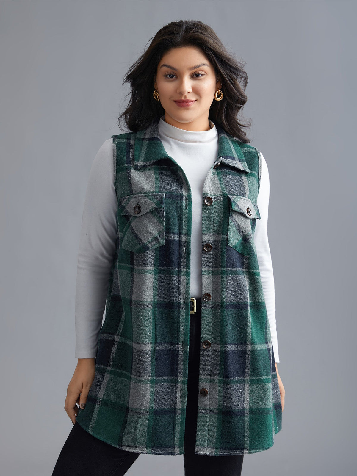 Plaid Button‑Front Sleeveless Jacket