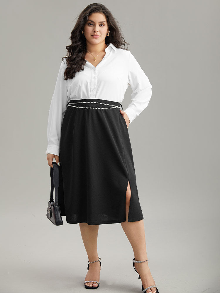 Plain Pearl Beaded Detail Split Side Skirt