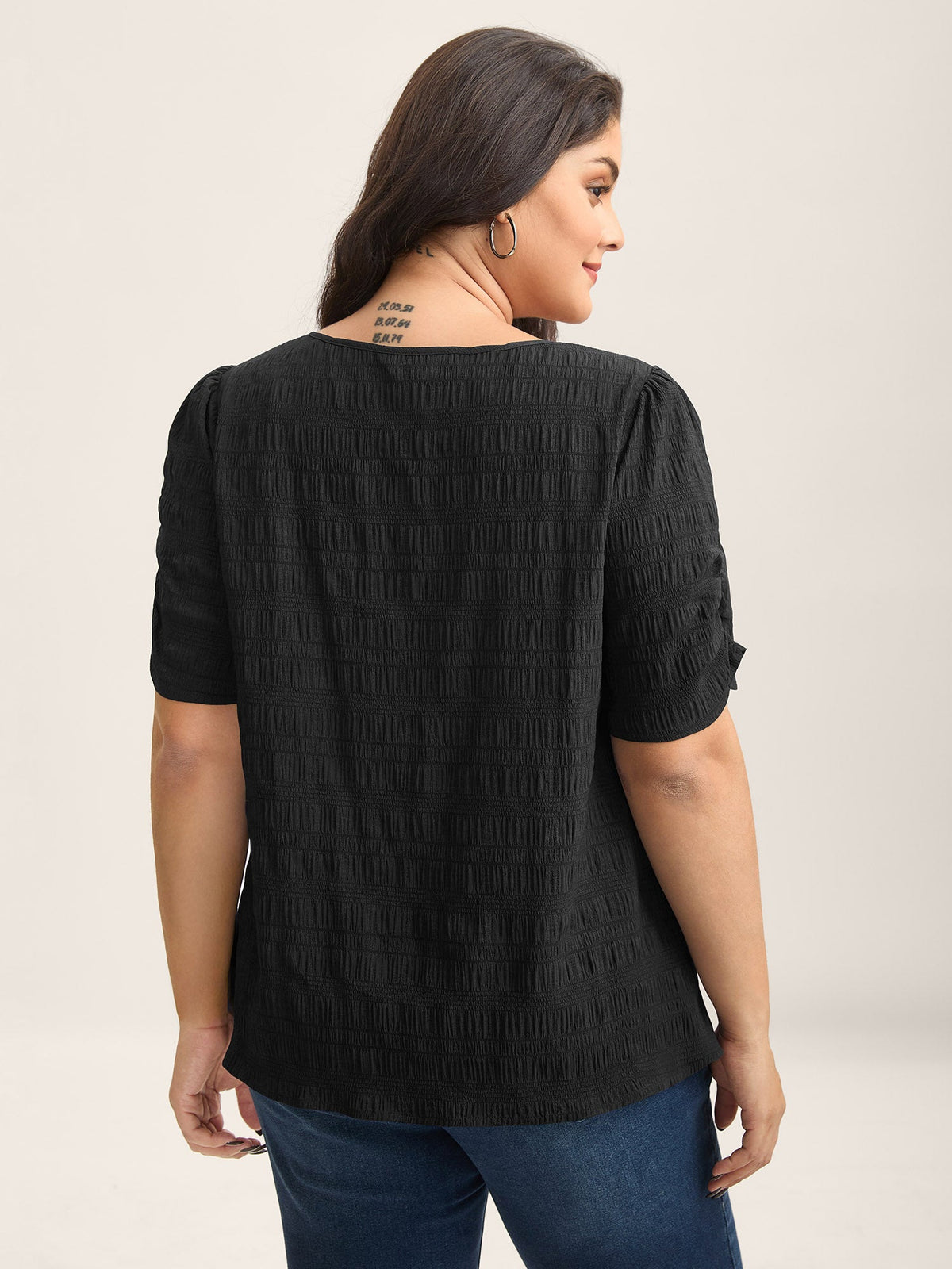 Textured Gathered Sleeve Split Neck Blouse