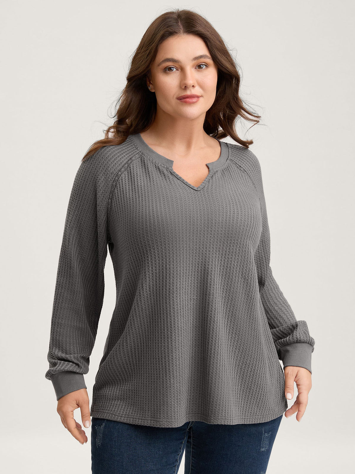 Waffle Grid Notched Collar Lace Sweatshirt