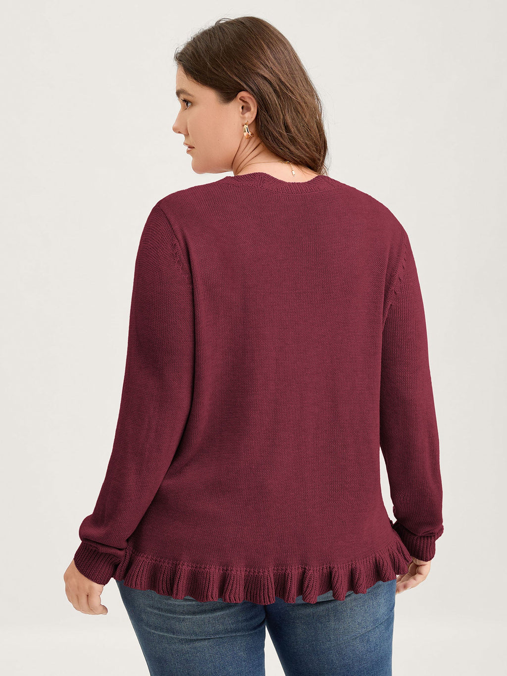 Supersoft Textured Floral Button Ruffled Hem Knit Cardigan