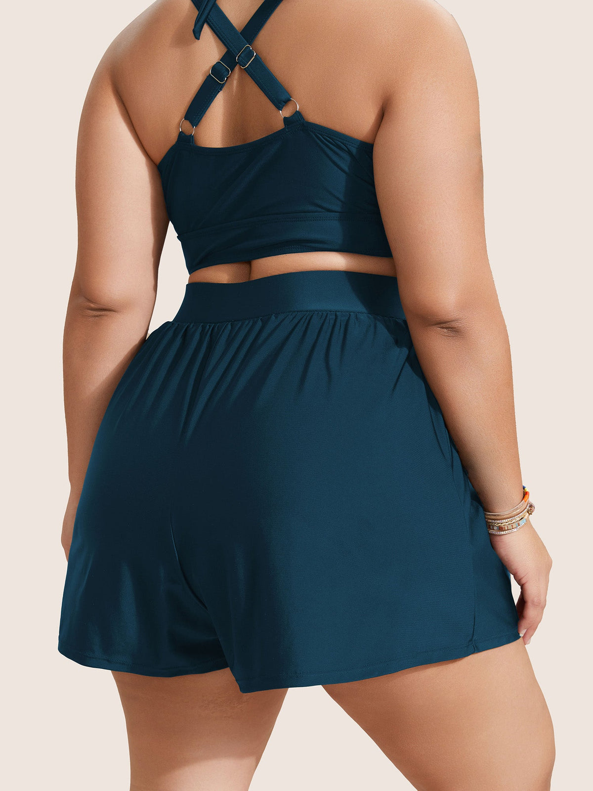 High Waisted Pockets Solid Pleated Swim Shorts