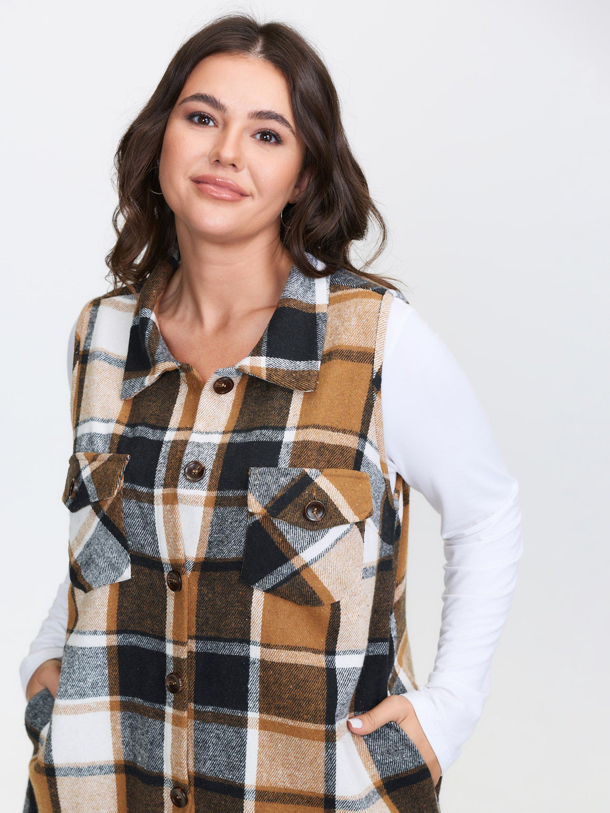 Plaid Button‑Front Sleeveless Jacket