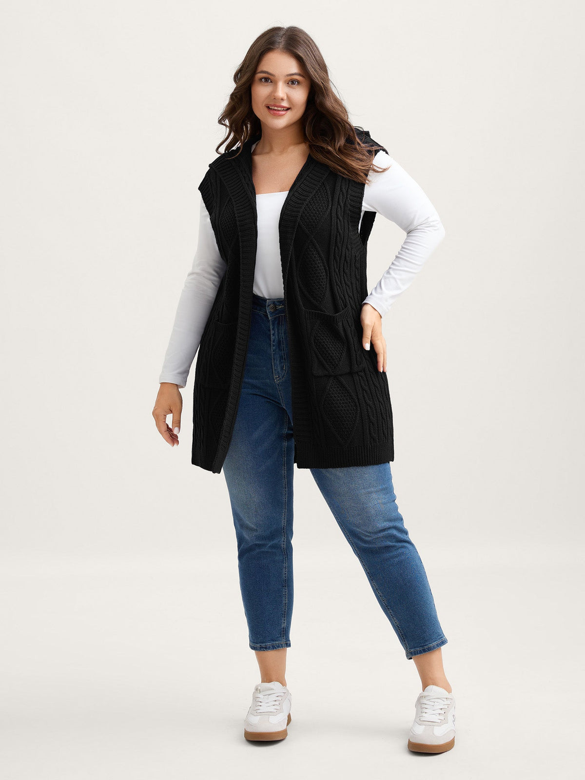 Hooded Sleeveless Cable Knit Cardigan