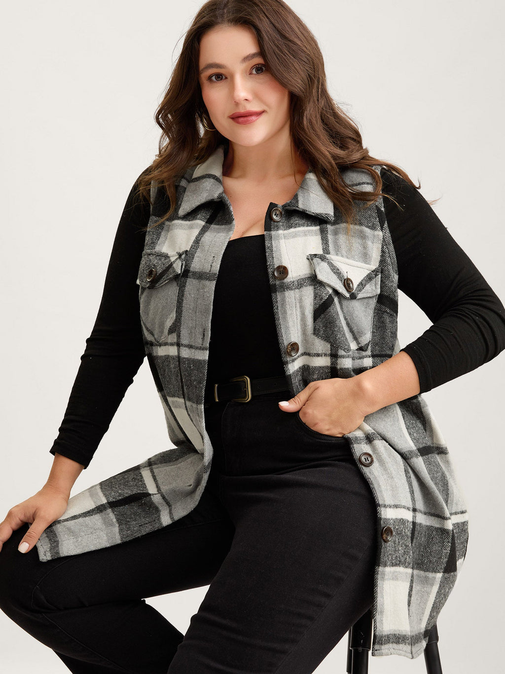 Plaid Button‑Front Sleeveless Jacket