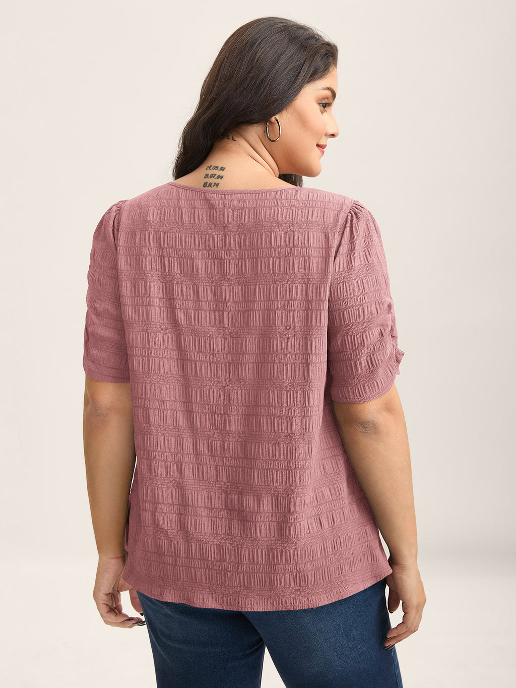 Textured Gathered Sleeve Split Neck Blouse