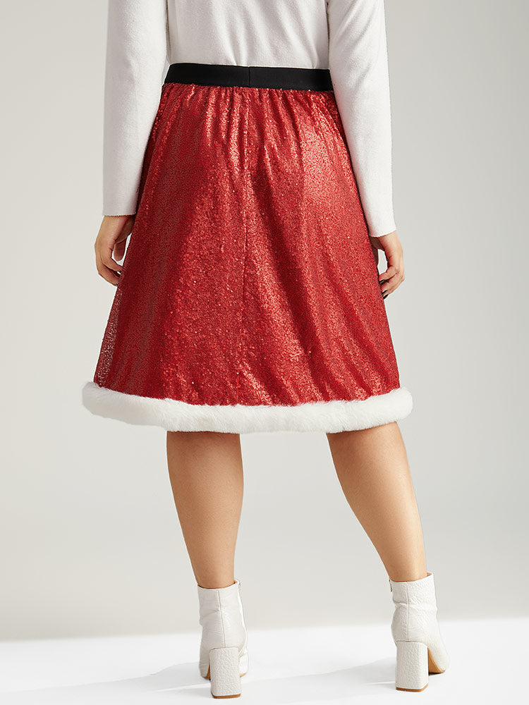 Christmas Sequin Patchwork Fuzzy Trim Skirt
