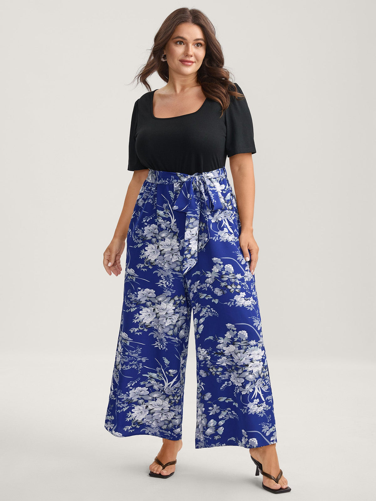 Color Contrast Belted Panel Pockets Jumpsuit