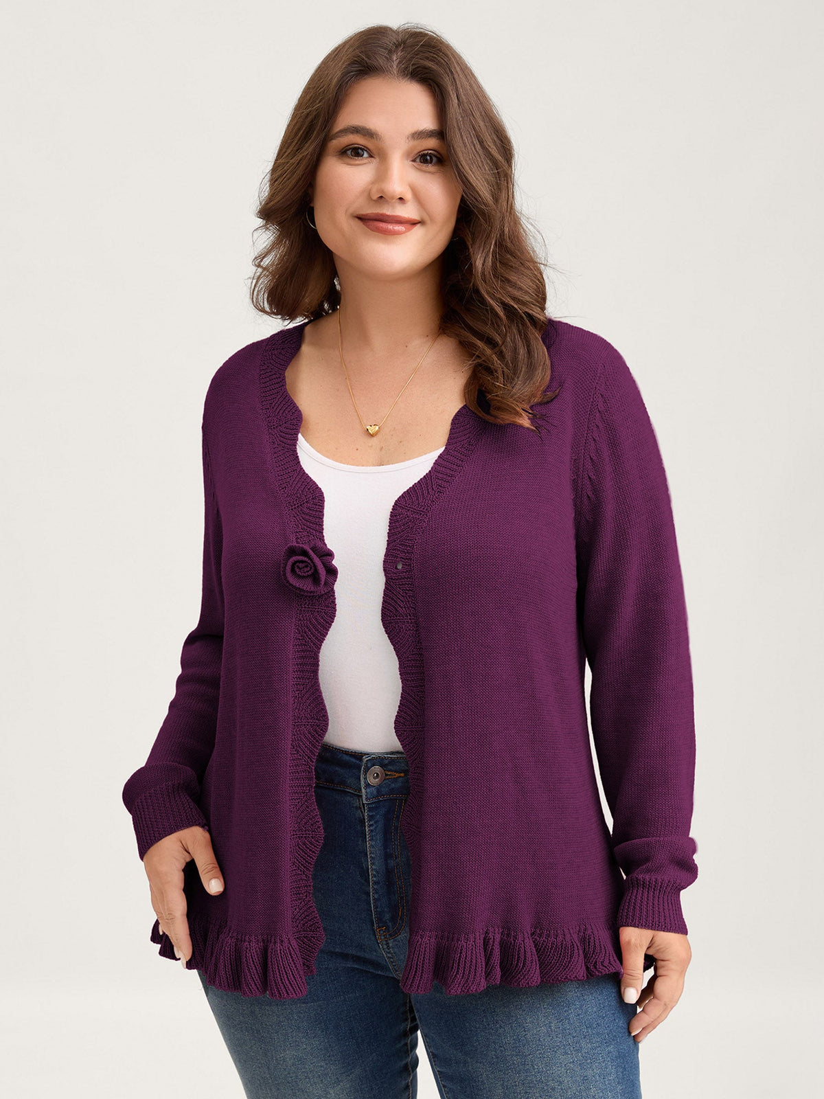 Supersoft Textured Floral Button Ruffled Hem Knit Cardigan