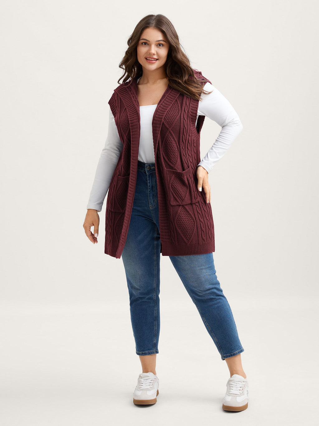 Hooded Sleeveless Cable Knit Cardigan