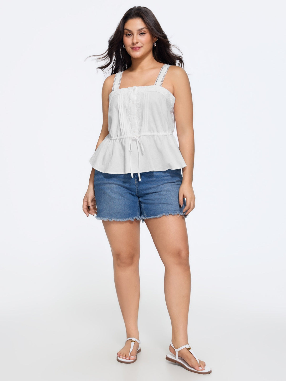 Cotton Lace Trim Drawstring Waist Tank Top