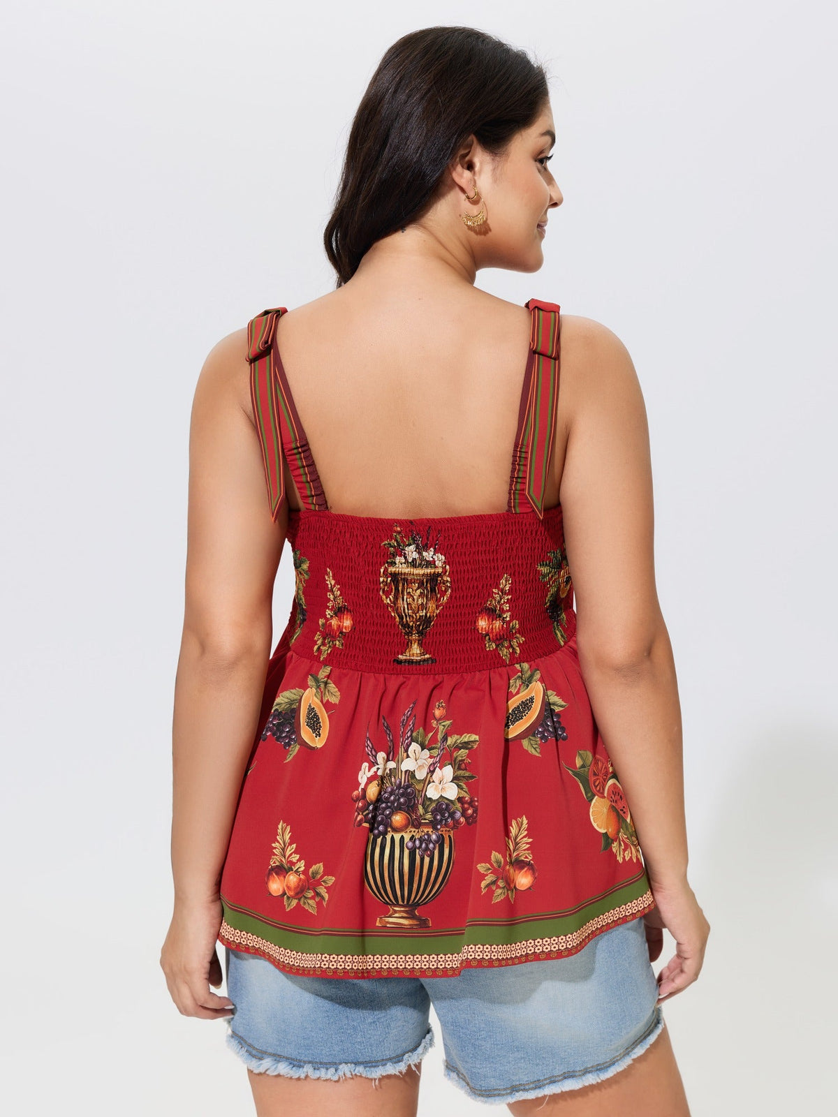 Vintage Fruit Print Bow Shoulder Strap Tank Top