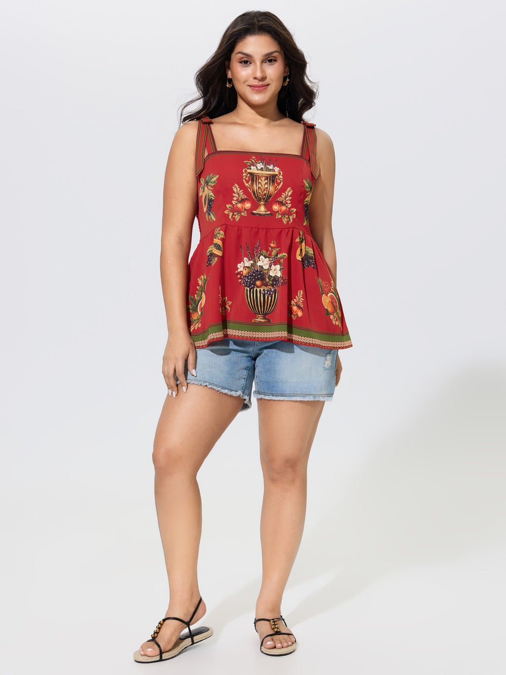 Vintage Fruit Print Bow Shoulder Strap Tank Top