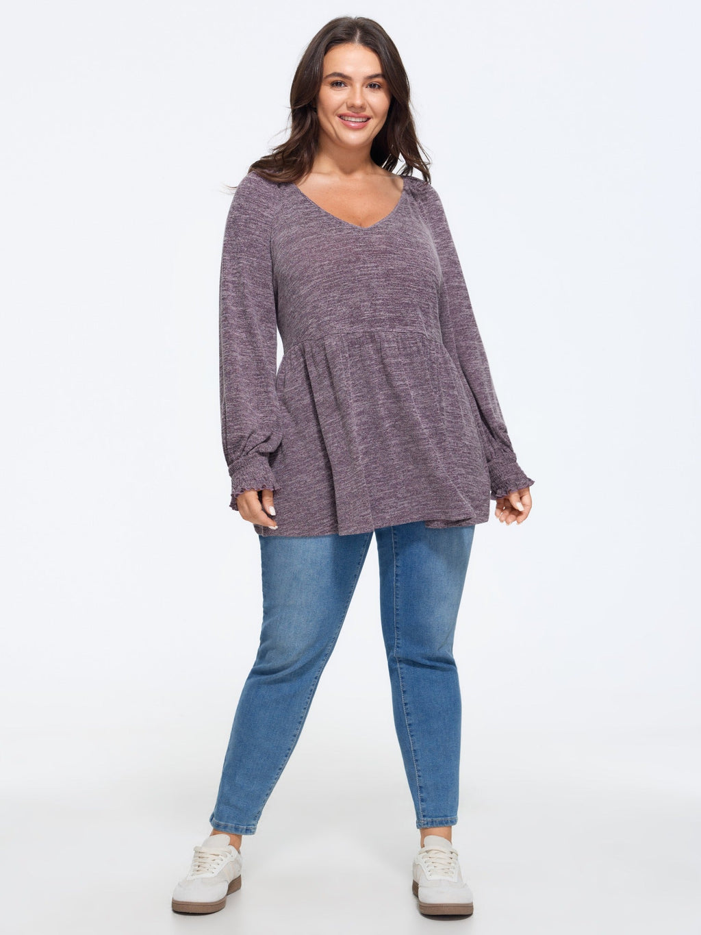 Supersoft Stretchy V‑Neck Ruffle Shirred Cuff T-Shirt