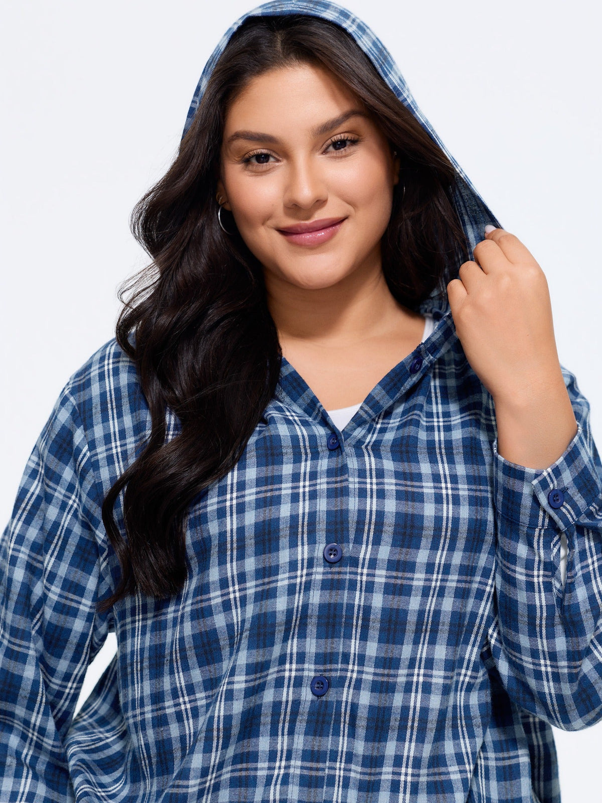 Cotton Plaid Drawstring Hem Hooded Jacket