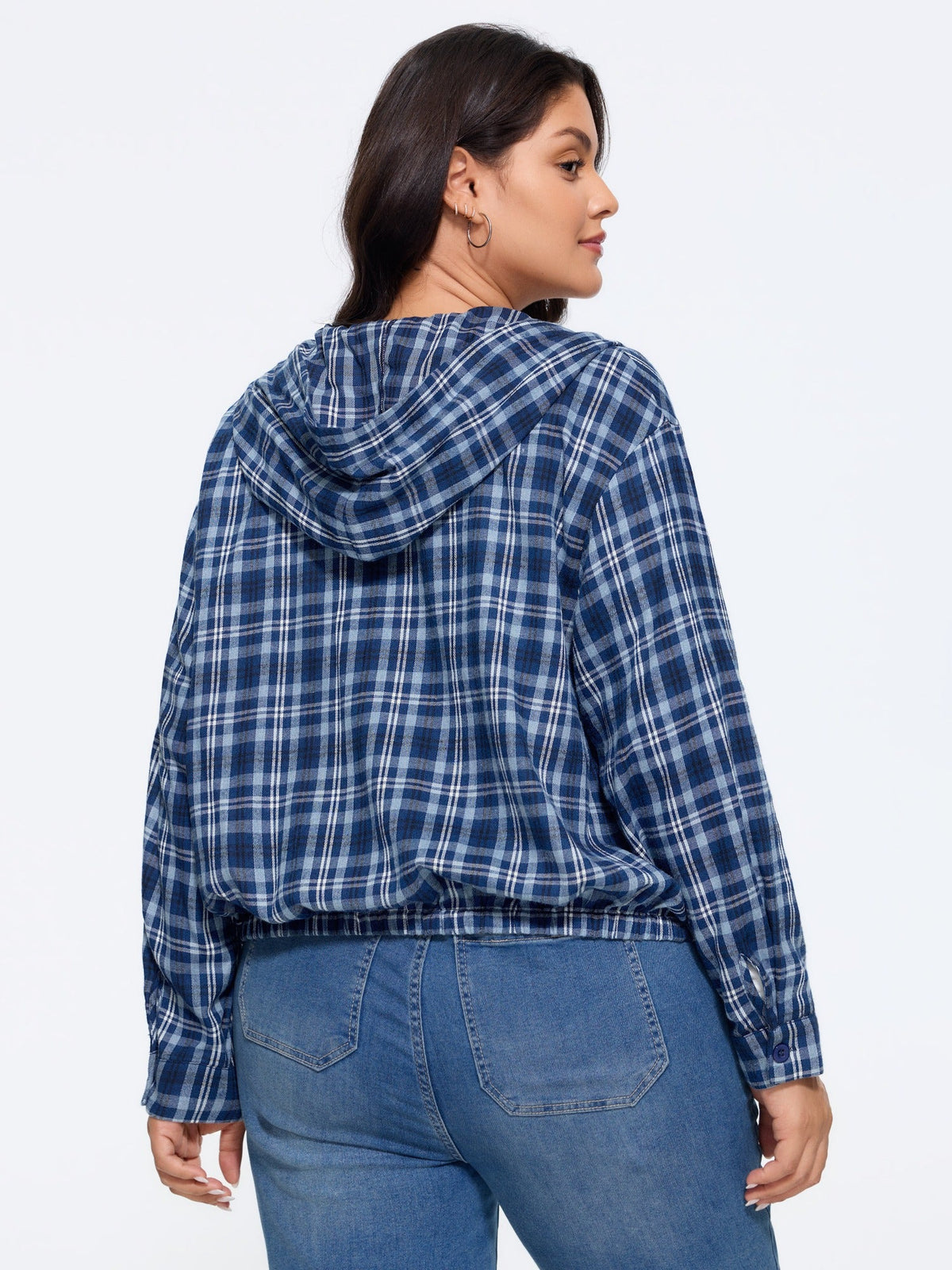 Cotton Plaid Drawstring Hem Hooded Jacket