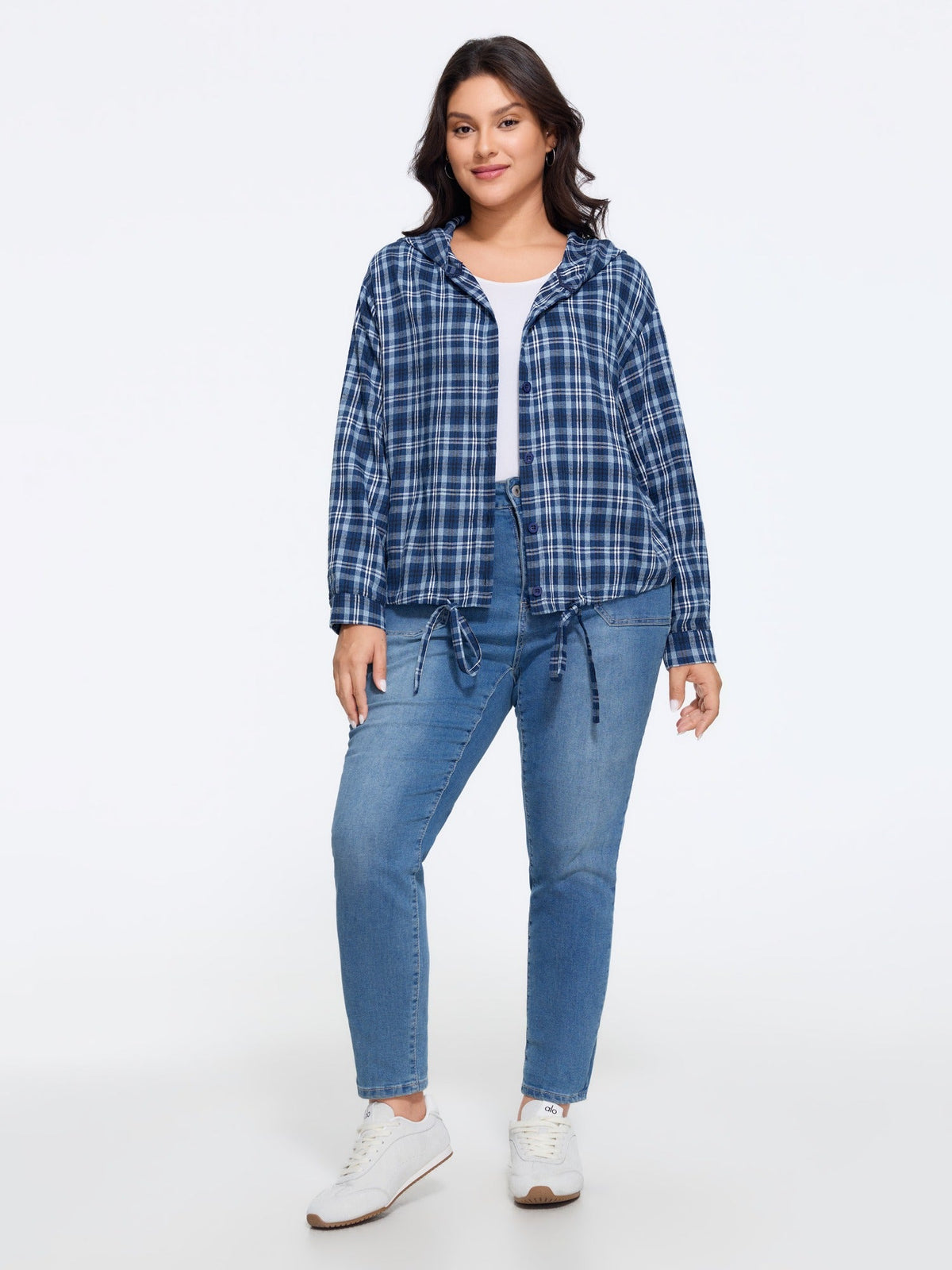 Cotton Plaid Drawstring Hem Hooded Jacket
