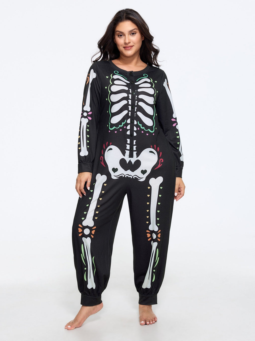 Supersoft Halloween Skeleton Button‑Front Lounge Jumpsuit