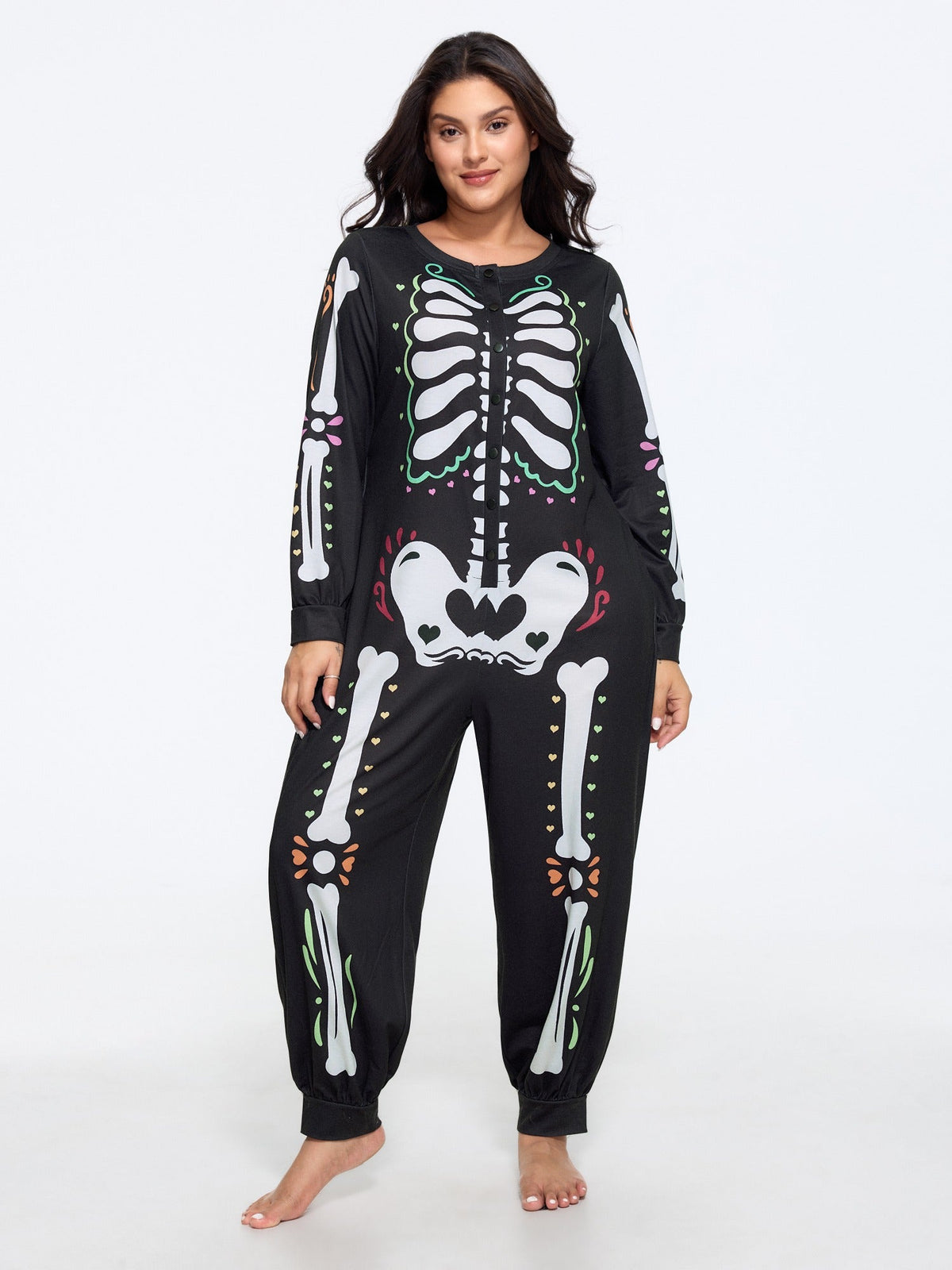 Supersoft Halloween Skeleton Button‑Front Lounge Jumpsuit