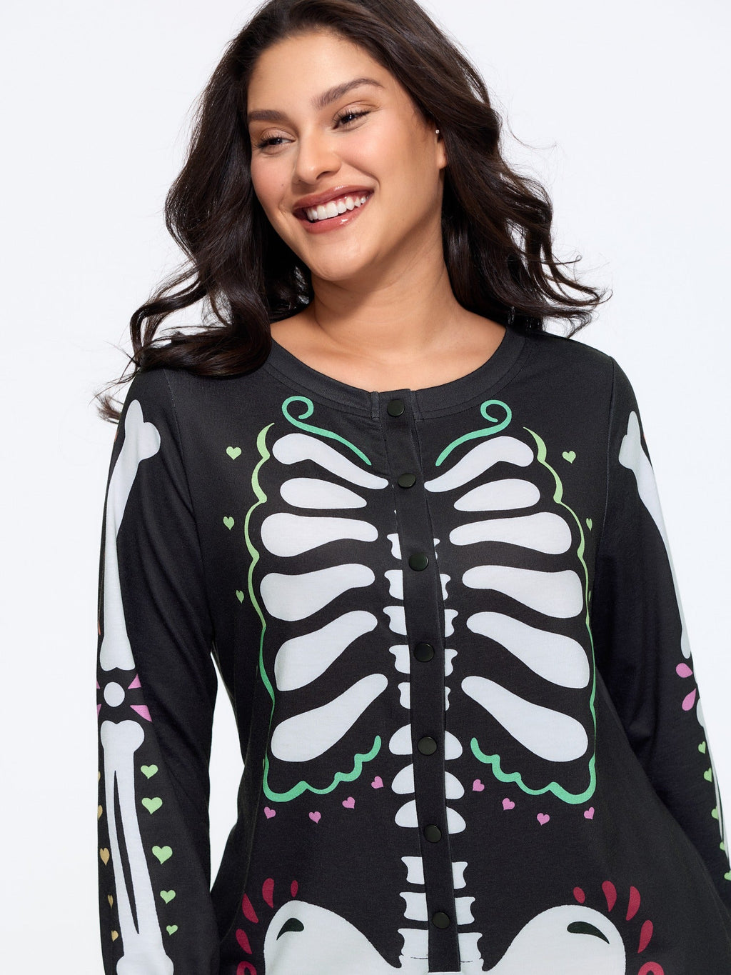 Supersoft Halloween Skeleton Button‑Front Lounge Jumpsuit