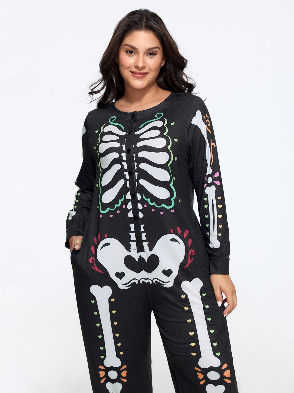 Supersoft Halloween Skeleton Button‑Front Lounge Jumpsuit