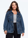 Lapel Collar Adjustable Waist‑Tie Denim Jacket
