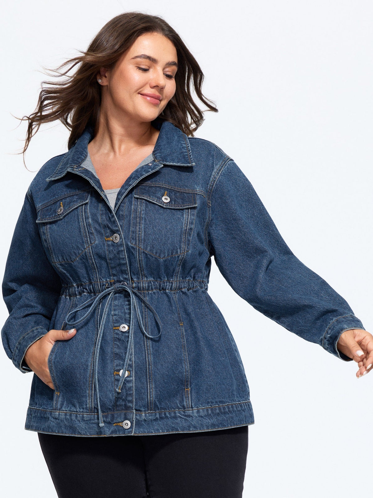 Lapel Collar Adjustable Waist‑Tie Denim Jacket
