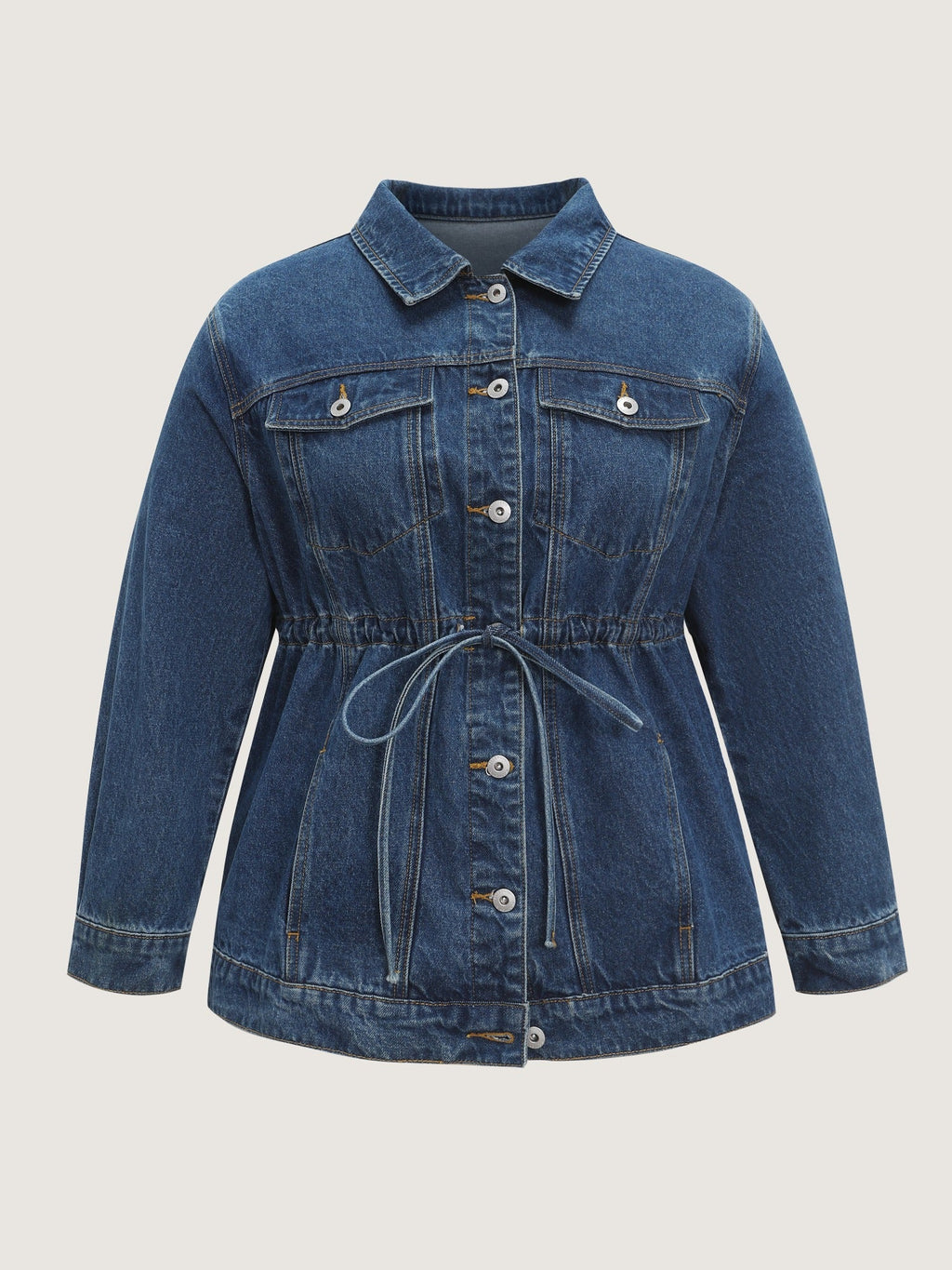 Lapel Collar Adjustable Waist‑Tie Denim Jacket