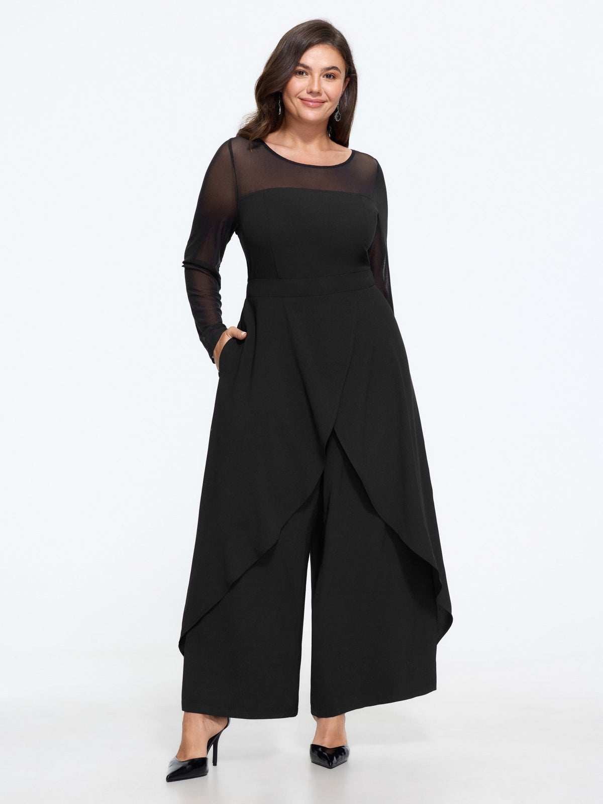 Mesh Sheer Pocket Skirt‑Like Wide Leg Jumpsuit