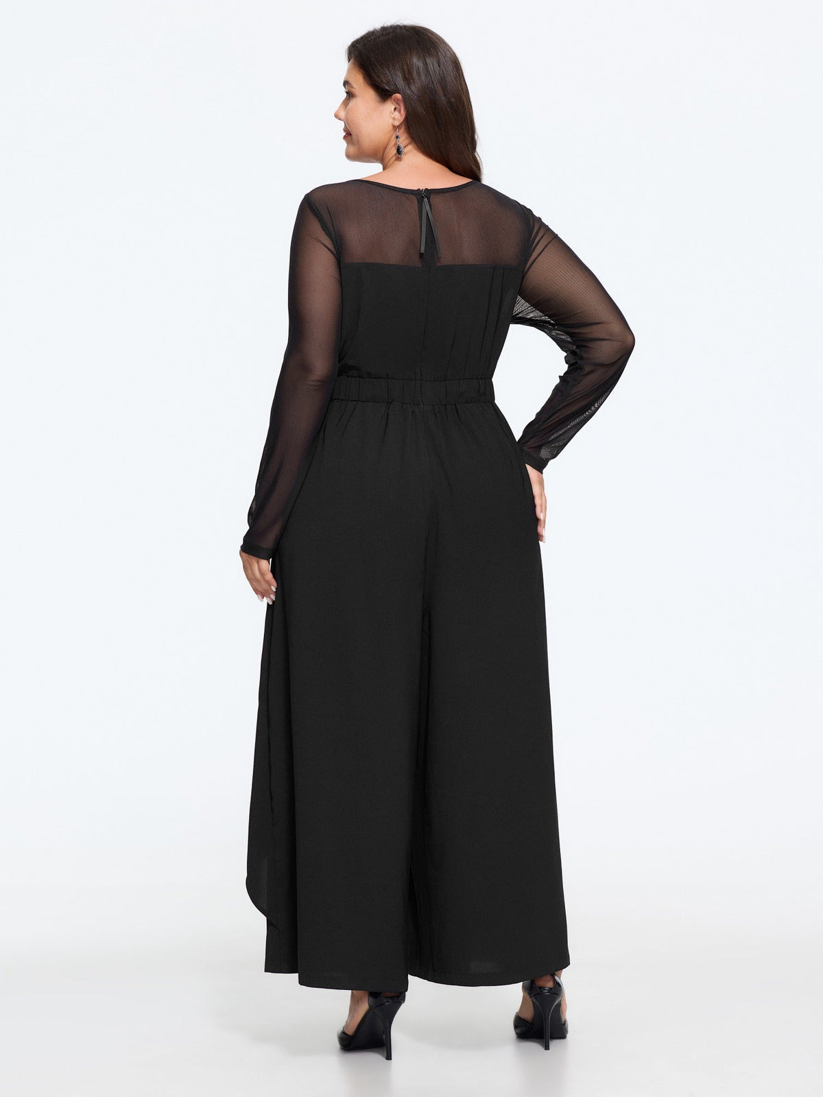 Mesh Sheer Pocket Skirt‑Like Wide Leg Jumpsuit