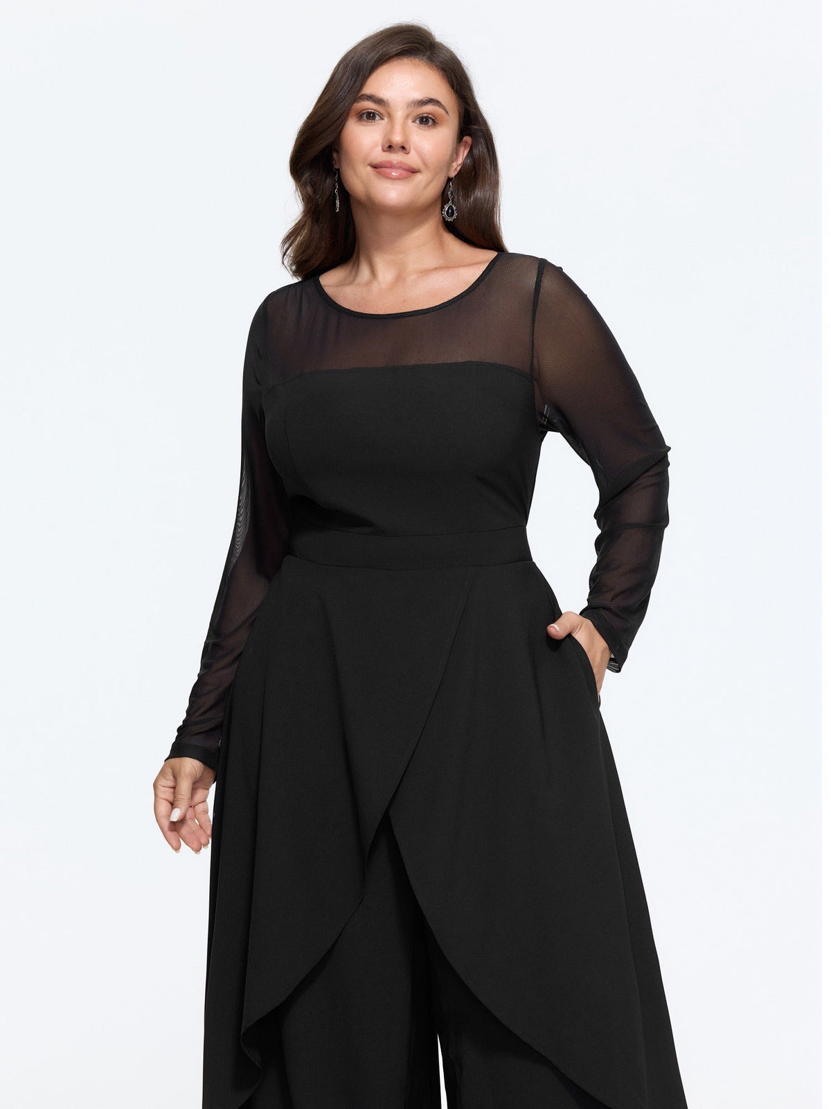 Mesh Sheer Pocket Skirt‑Like Wide Leg Jumpsuit