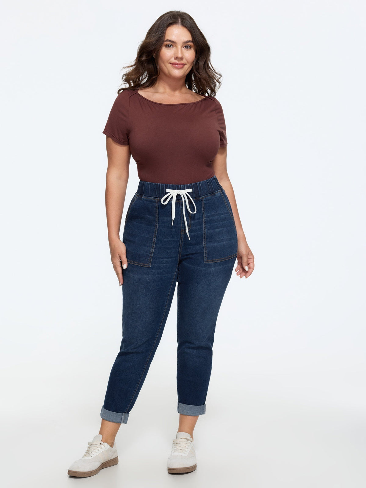 Pull-On Drawstring Folded Hem Boyfriend Jeans