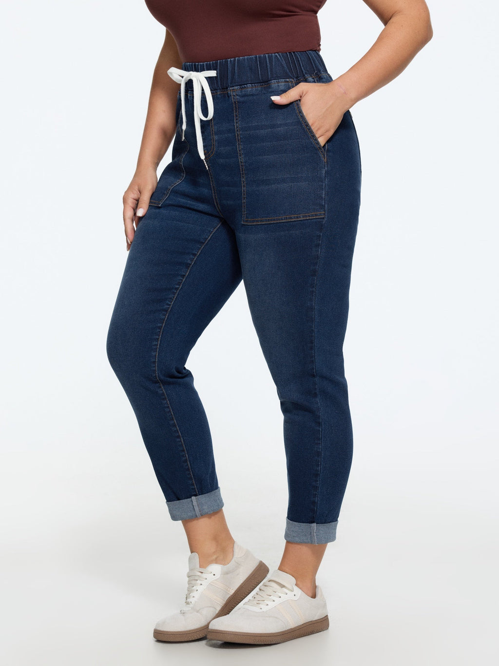 Pull-On Drawstring Folded Hem Boyfriend Jeans
