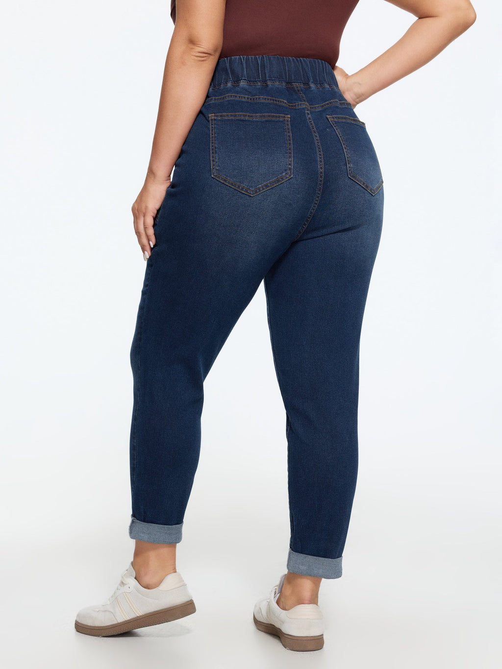 Pull-On Drawstring Folded Hem Boyfriend Jeans