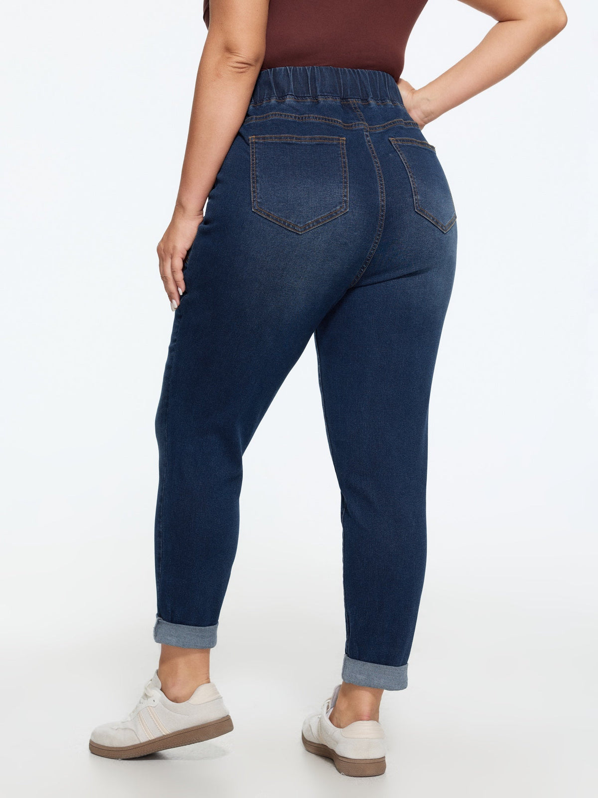 Pull-On Drawstring Folded Hem Boyfriend Jeans