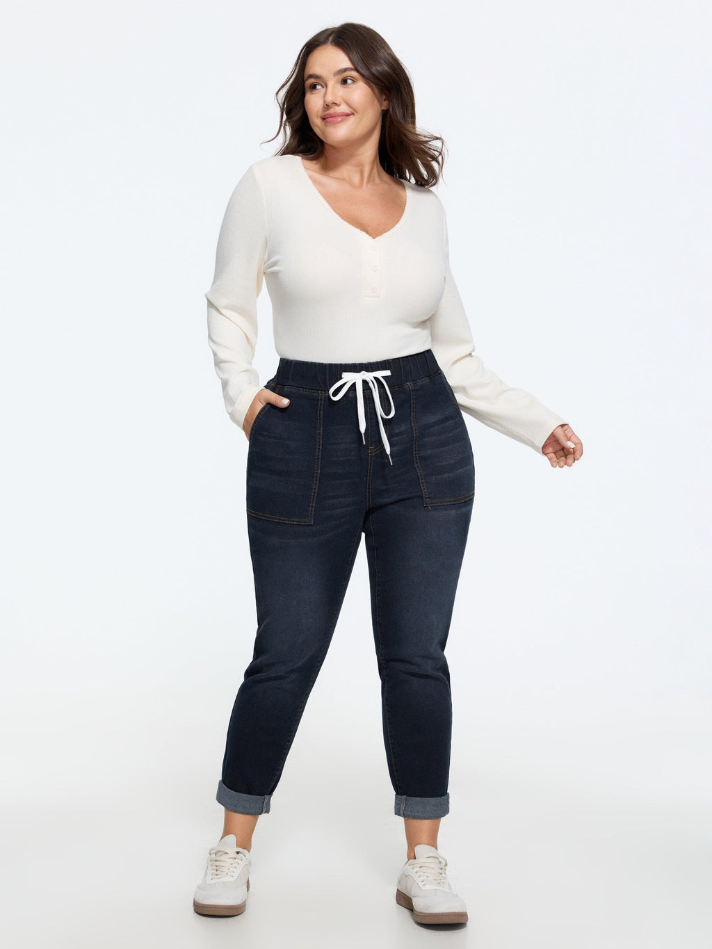 Pull-On Drawstring Folded Hem Boyfriend Jeans