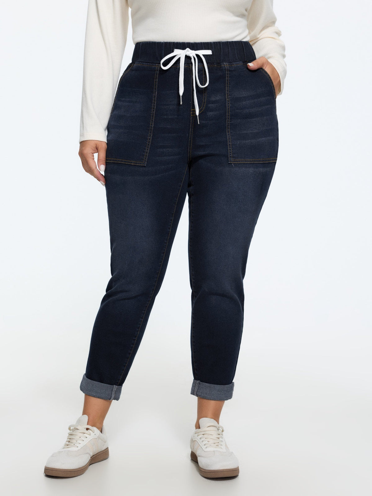 Pull-On Drawstring Folded Hem Boyfriend Jeans