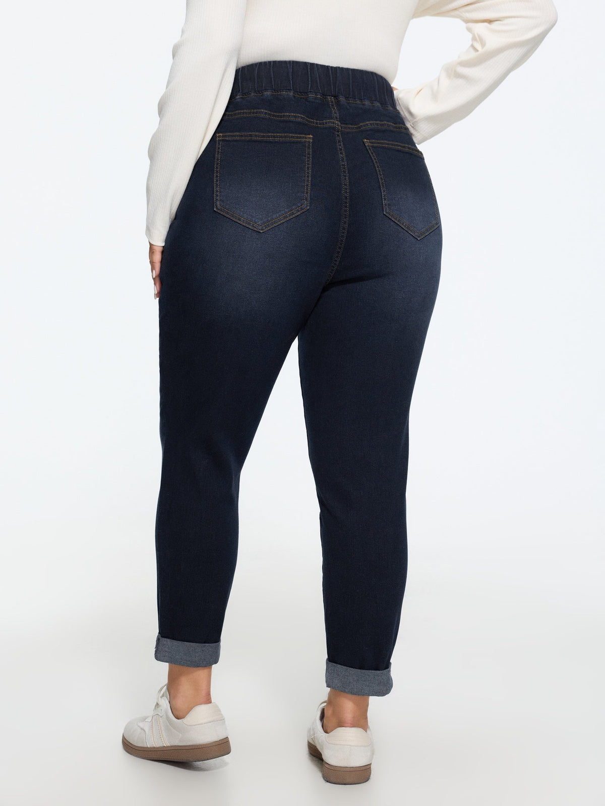Pull-On Drawstring Folded Hem Boyfriend Jeans