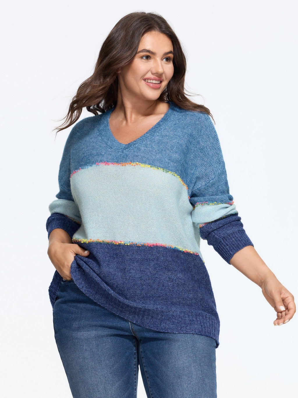 Color Block V Neck Pullover