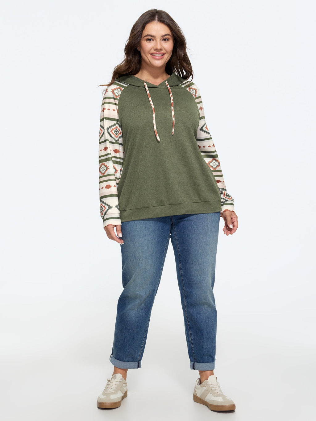 Geometric Print Raglan Sleeve Hooded Pullover