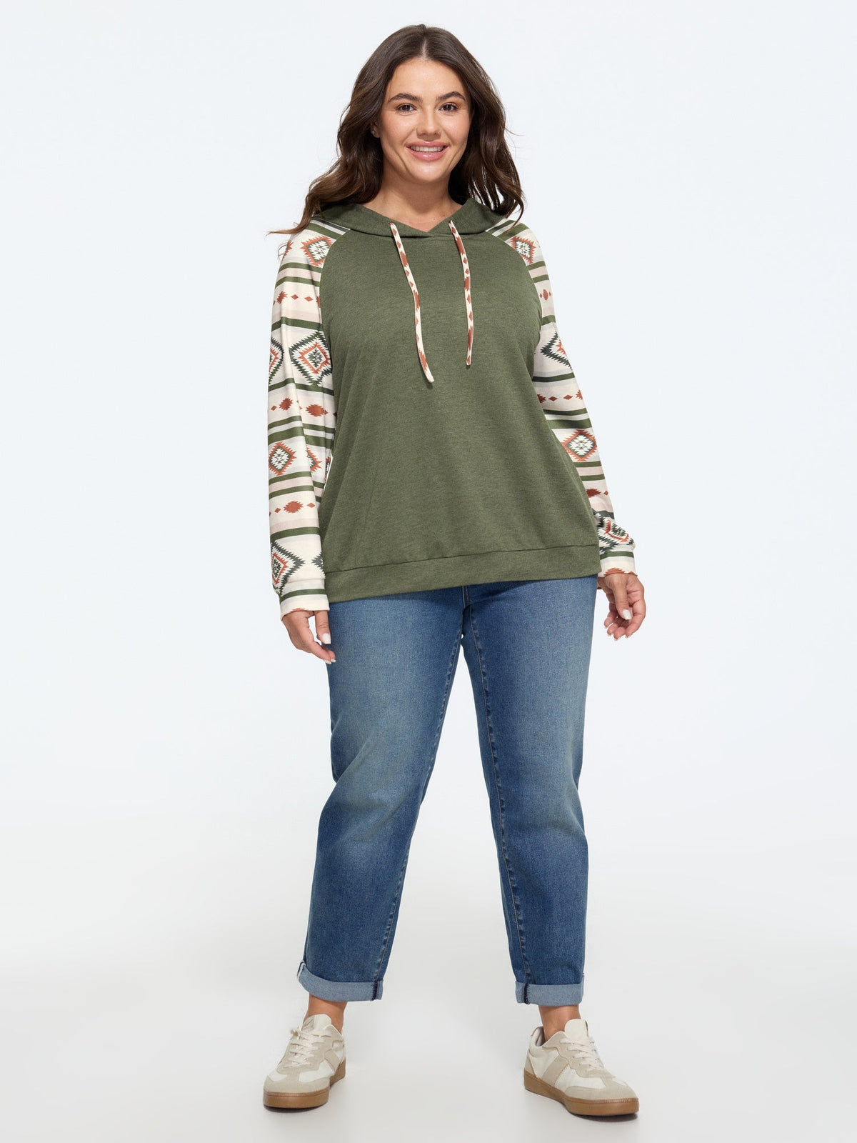 Geometric Print Raglan Sleeve Hooded Pullover