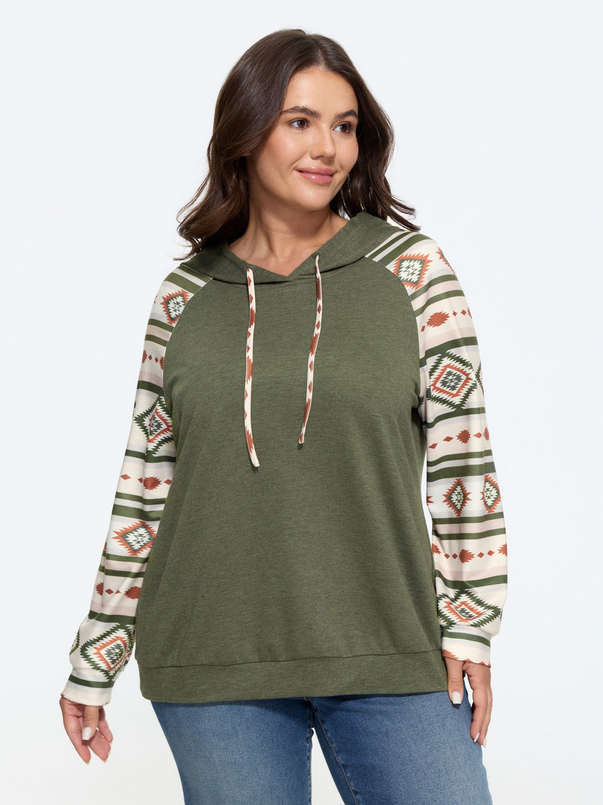 Geometric Print Raglan Sleeve Hooded Pullover