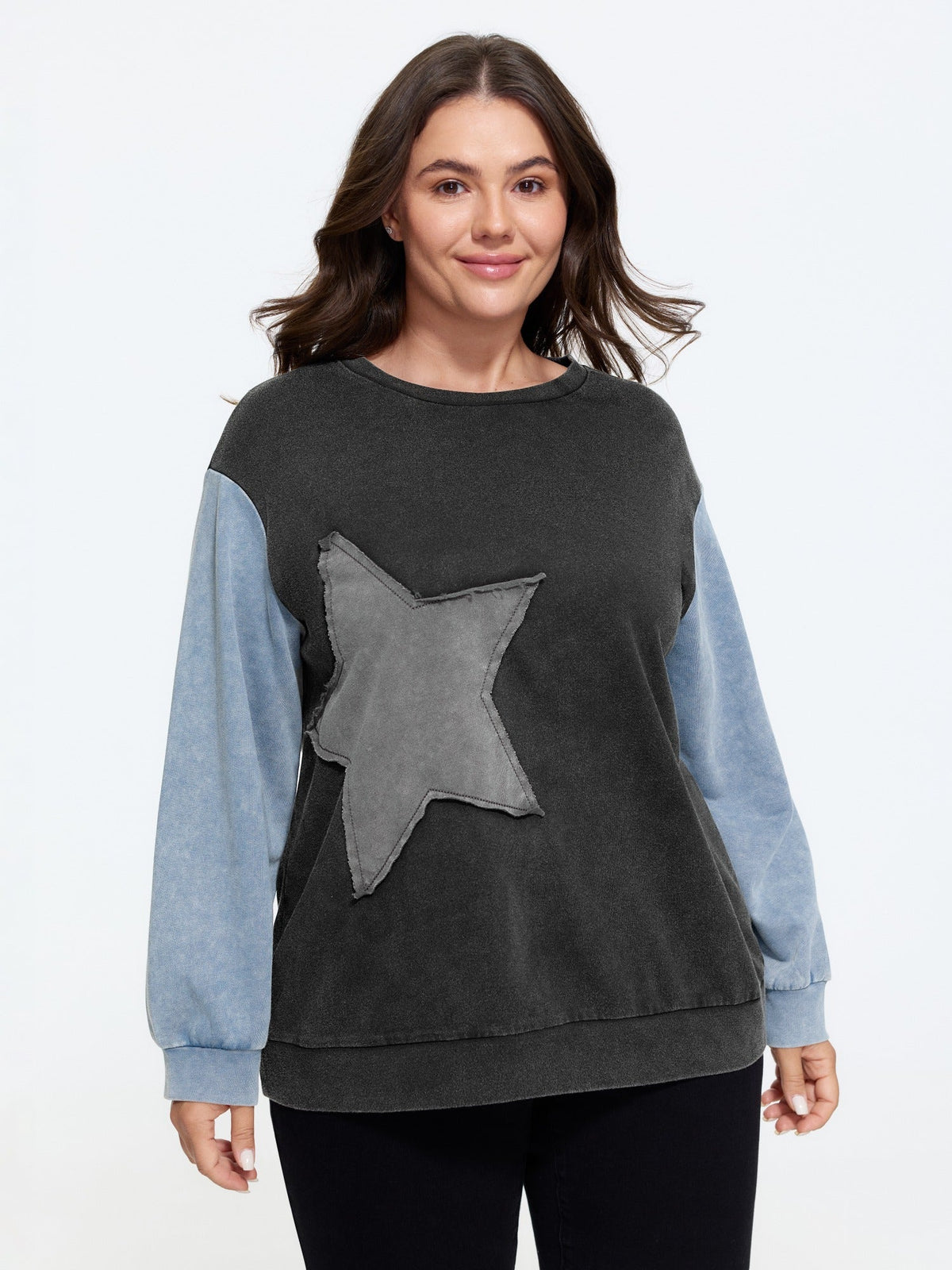 Vintage Washed Star Applique Color Contrast Sweatshirt