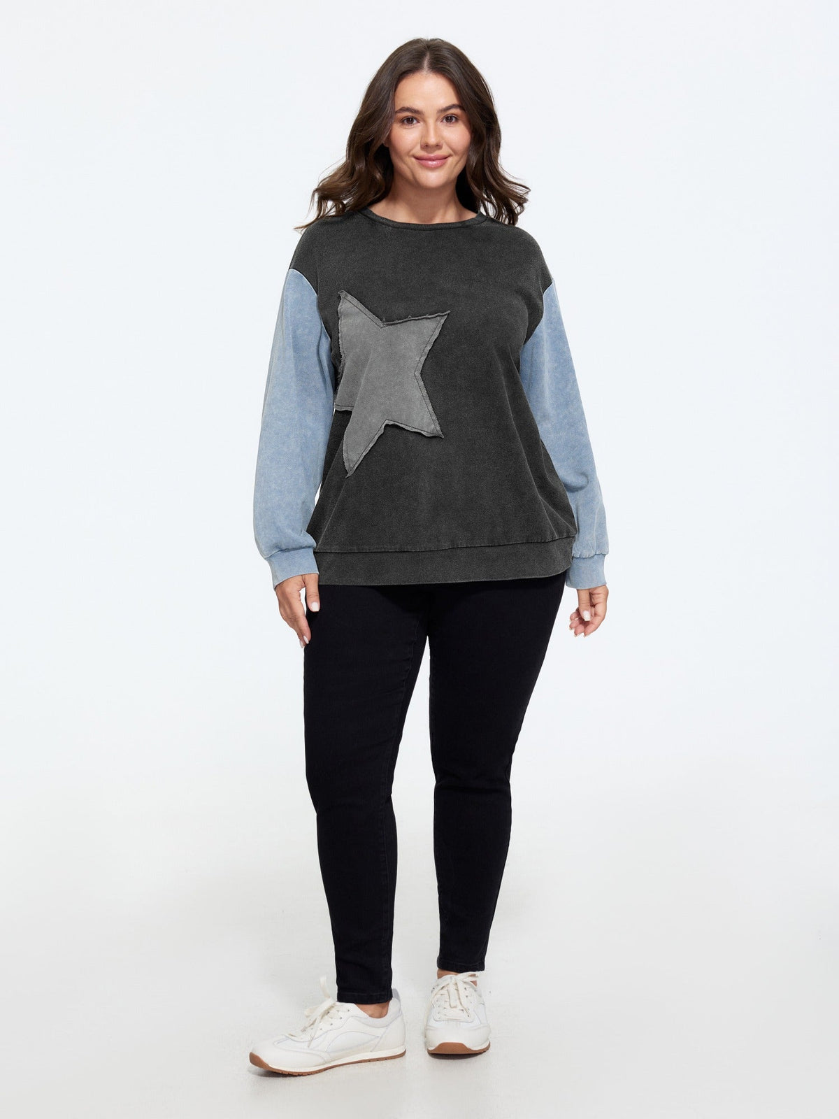 Vintage Washed Star Applique Color Contrast Sweatshirt