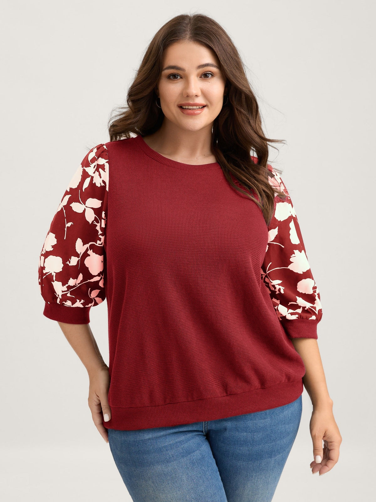 Textured Floral Puffy Sleeve Sweatshirt