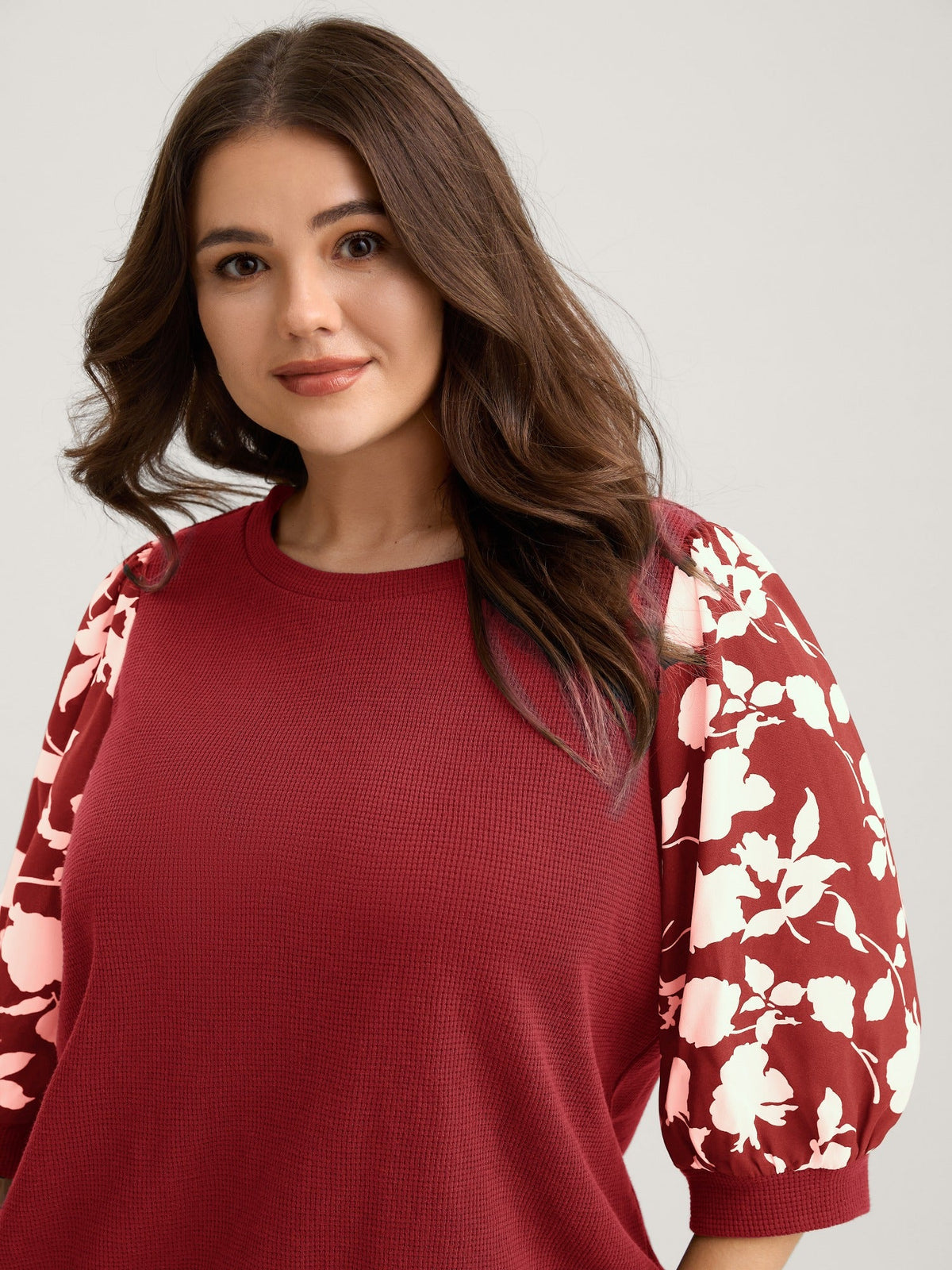 Textured Floral Puffy Sleeve Sweatshirt