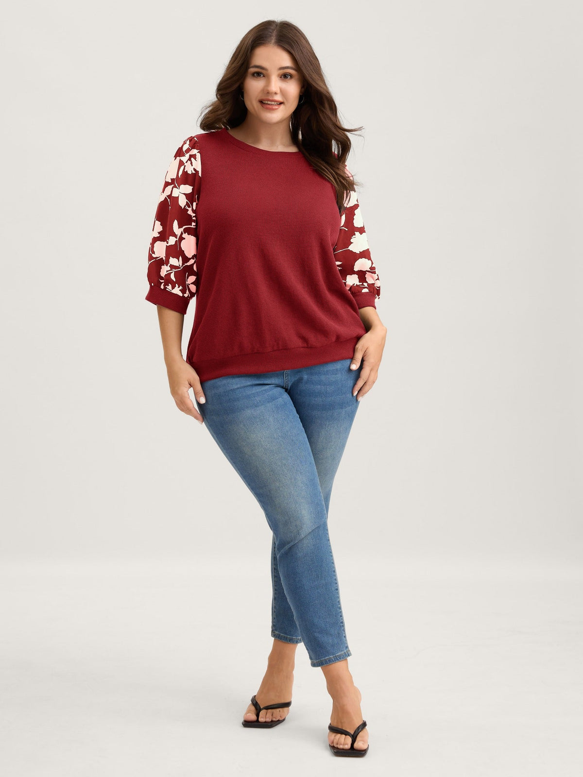 Textured Floral Puffy Sleeve Sweatshirt